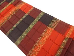 横段に花唐草・花菱七宝模様織出し全通袋帯